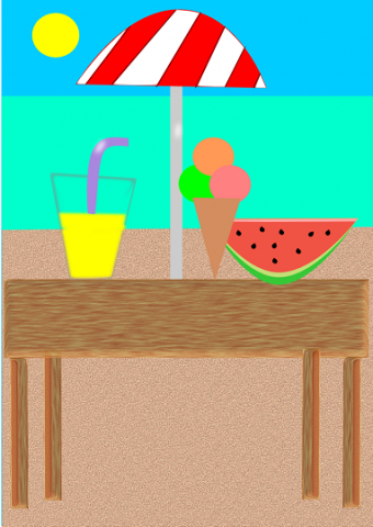 tavolo con ombrellone, gelato, anguria e bibita al mare
